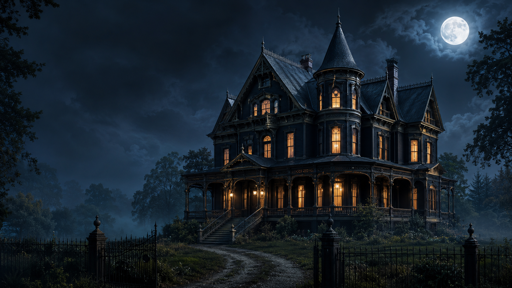 Ravenloft Manor beneath a full moon